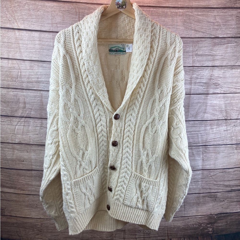 Aran Crafts Cream Cable-Knit Shawl Collar Cardigan